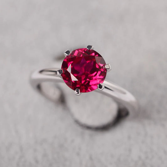 Ruby Round Cut Solitaire Sterling Silver Rings