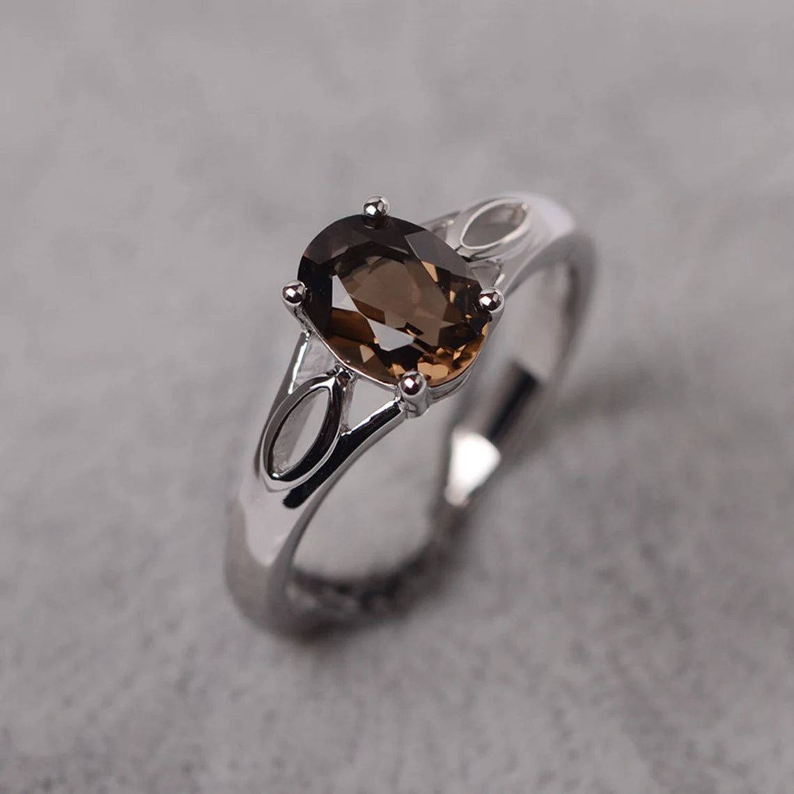 Natural Oval Cut Smoky Quartz Solitaire  Rings - 925 Sterling Silver Ring