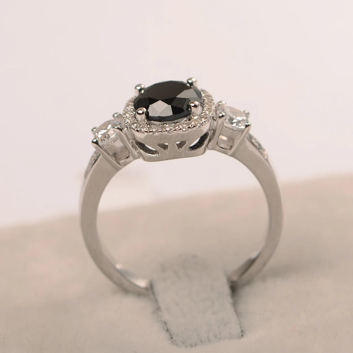 Natural Round Cut Black Onyx Wedding Halo Ring - 925 Sterling Silver Ring