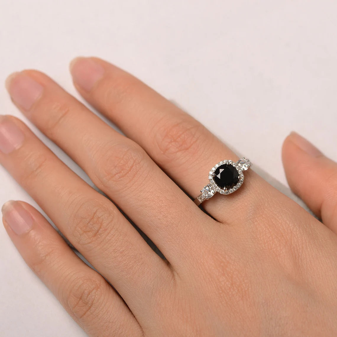 Natural Round Cut Black Onyx Wedding Halo Ring - 925 Sterling Silver Ring