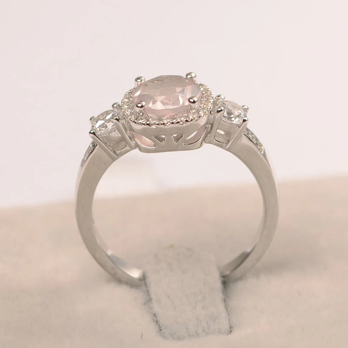 Bague halo de mariage en quartz rose taille ronde naturelle - Bague en argent sterling 925