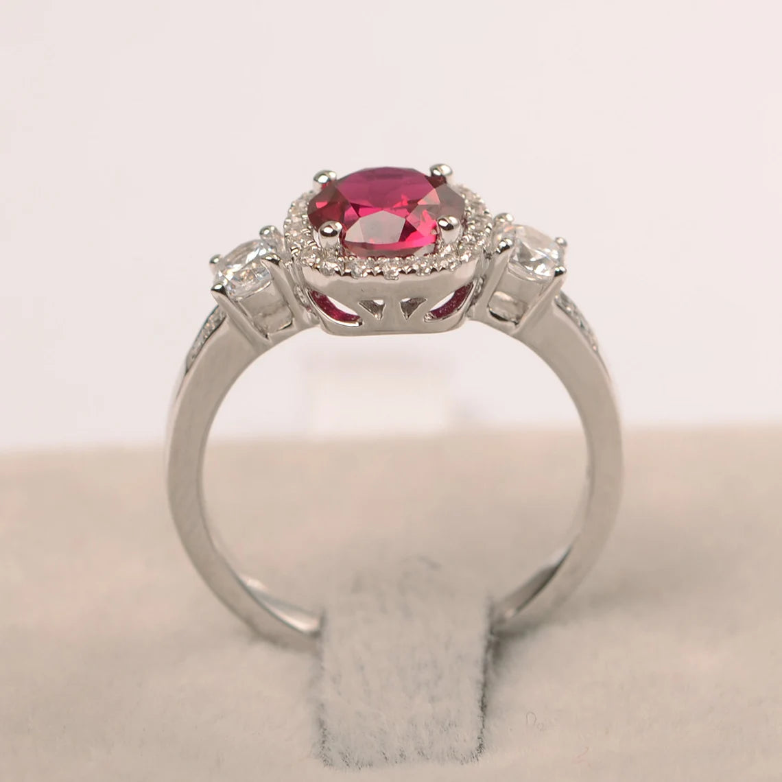 Ruby Round Cut Halo Ring - 925 Sterling Silver RIng