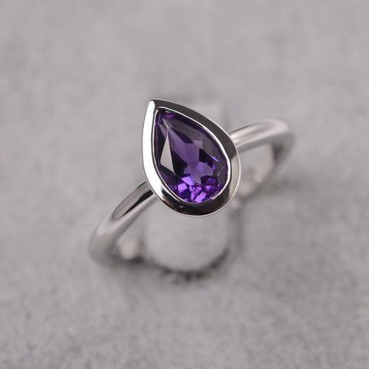 Natural Pear Cut Amethyst solitaire Ring - 925 Sterling Silver Ring