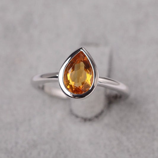 Bague solitaire citrine coupée en forme de larme naturelle - Bague en argent sterling 925