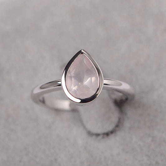 Natural Pear Cut Rose Quartz Promise Ring - 925 Sterling Silver Ring