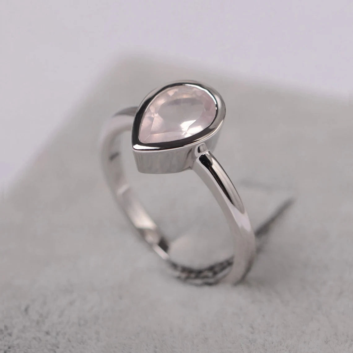 Natural Pear Cut Rose Quartz Promise Ring - 925 Sterling Silver Ring