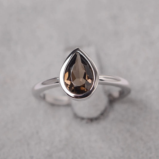 Anneaux solitaires en quartz fumé coupés en forme de larme naturelle - Bague en argent sterling 925