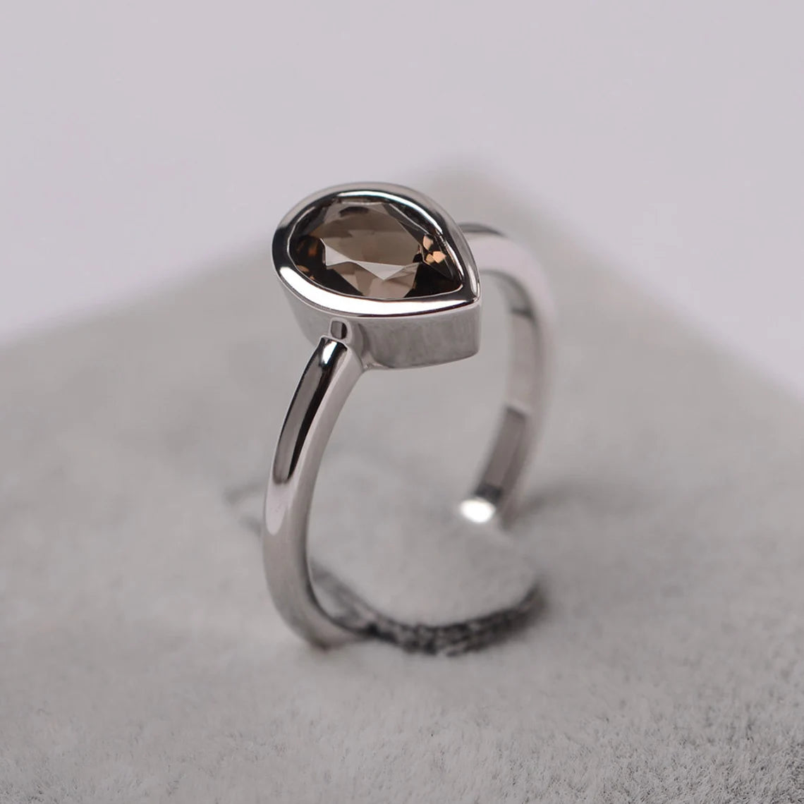 Anneaux solitaires en quartz fumé coupés en forme de larme naturelle - Bague en argent sterling 925