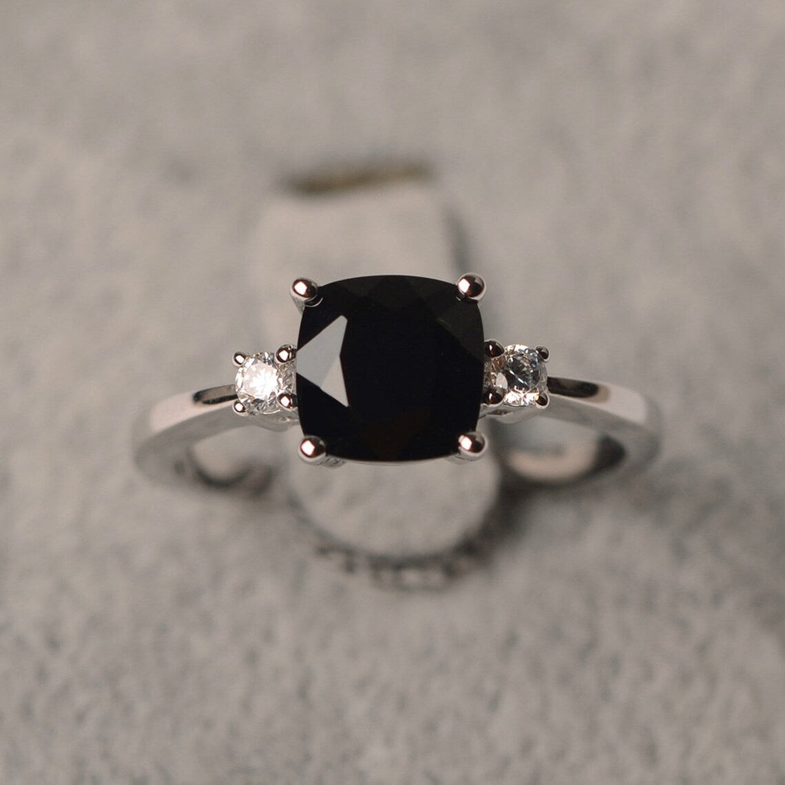 Natural Cushion Cut Black Onyx Solitaire Ring - 925 Sterling Silver Ring