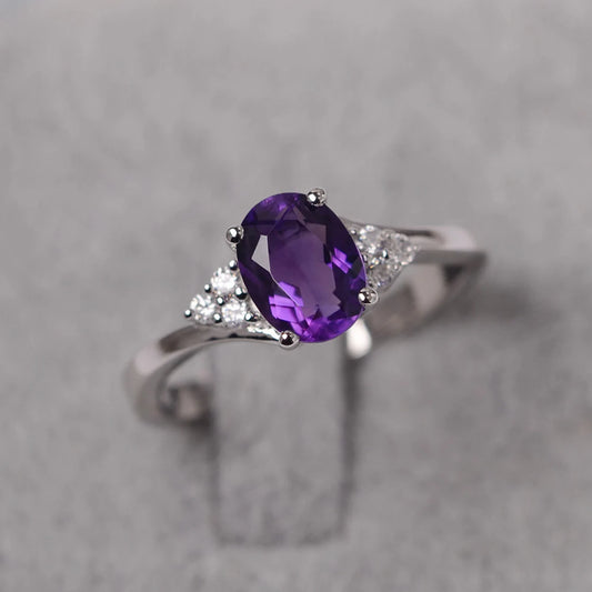 Natural Oval Cut Amethyst Engagement Ring - 925 Sterling Silver Ring