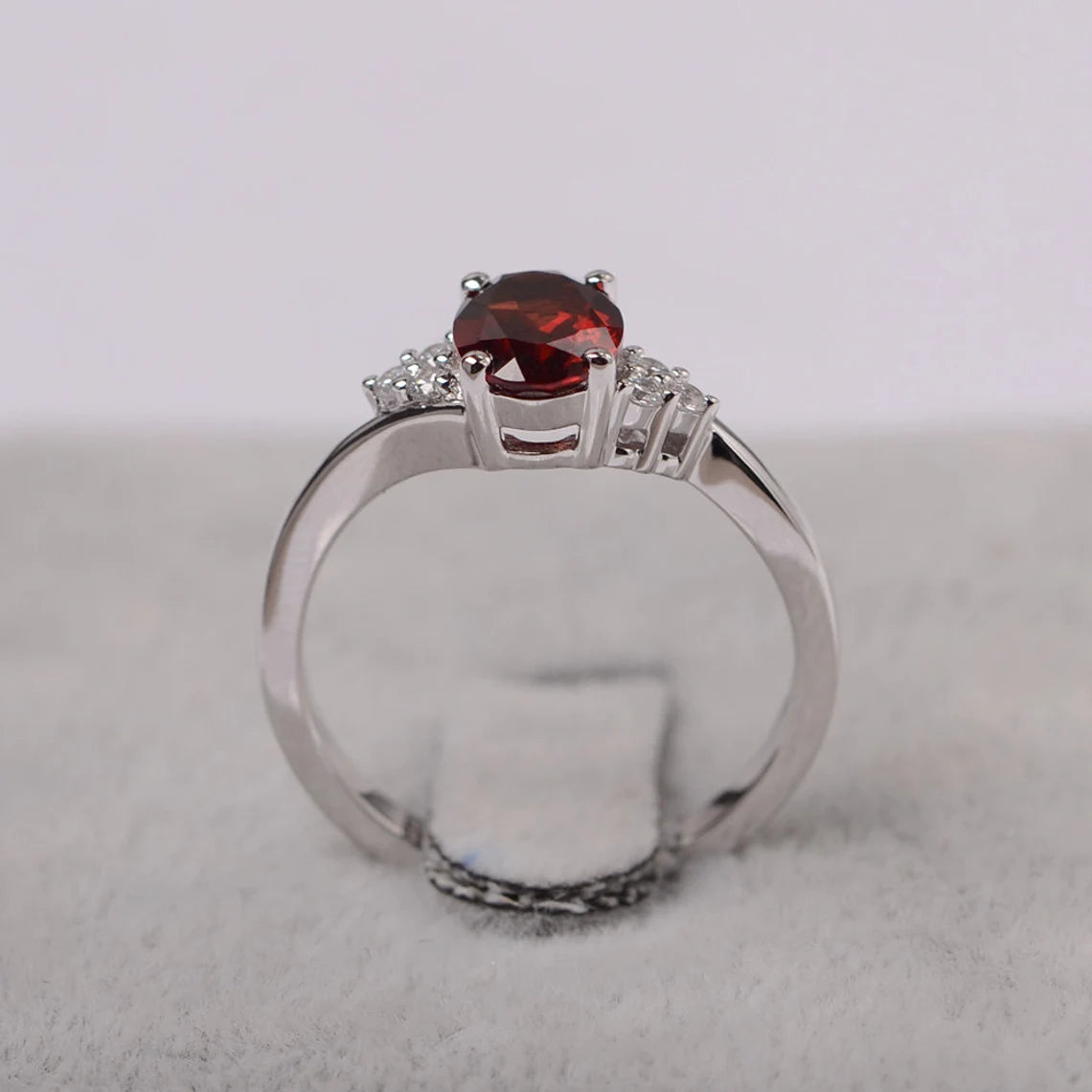 Natural Oval Cut Garnet Solitaire Ring  - 925 Sterling Silver Ring