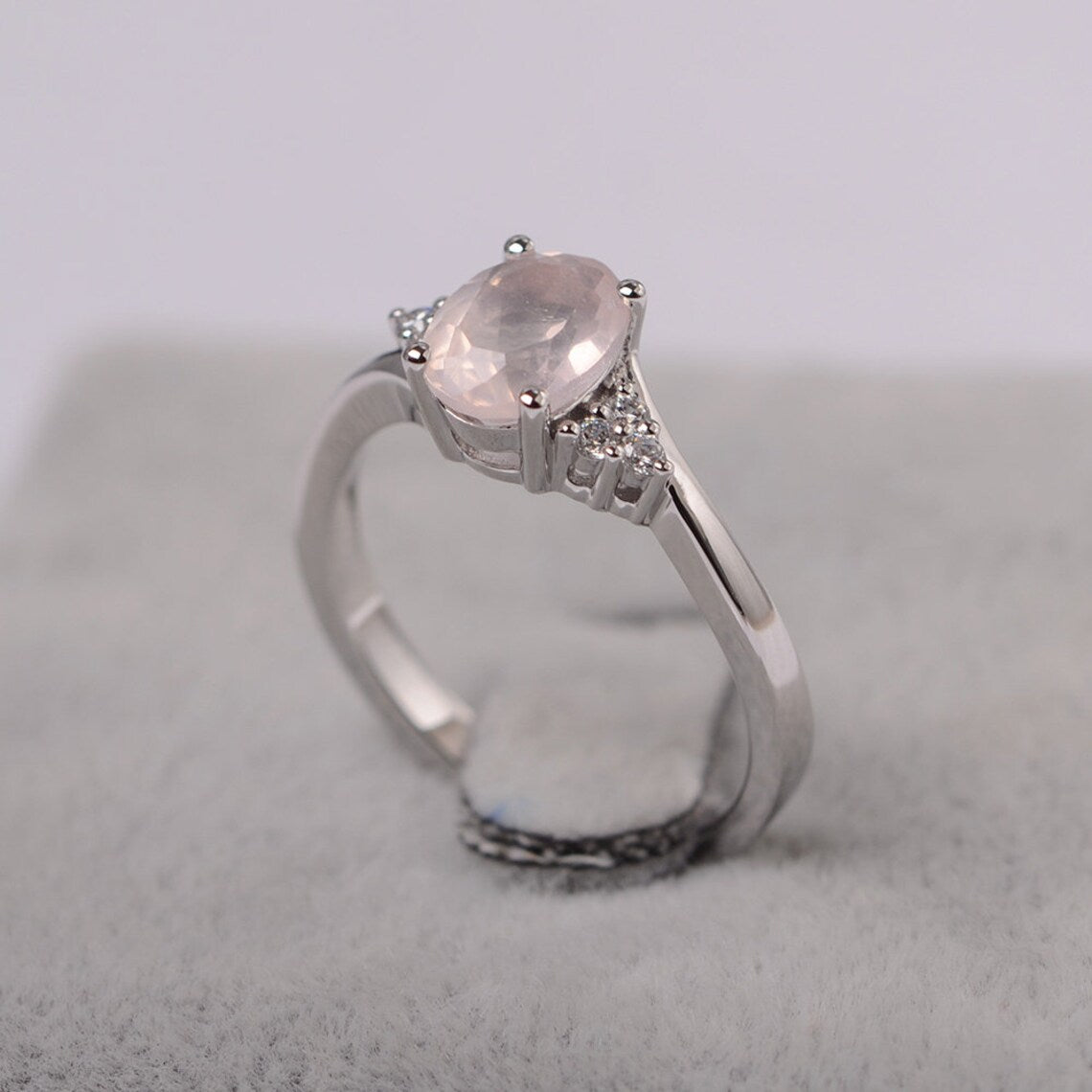 Natural Oval Cut Rose Quartz Wedding Ring - 925 Sterling Silver Ring