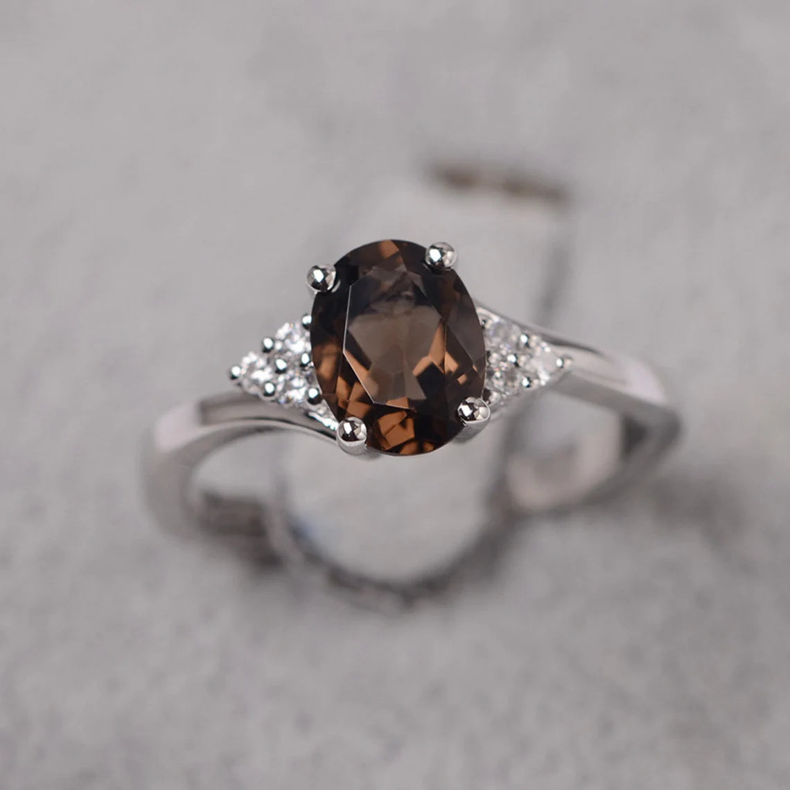 Natural Oval Cut Smoky Quartz Wedding Rings - 925 Sterling Silver Ring