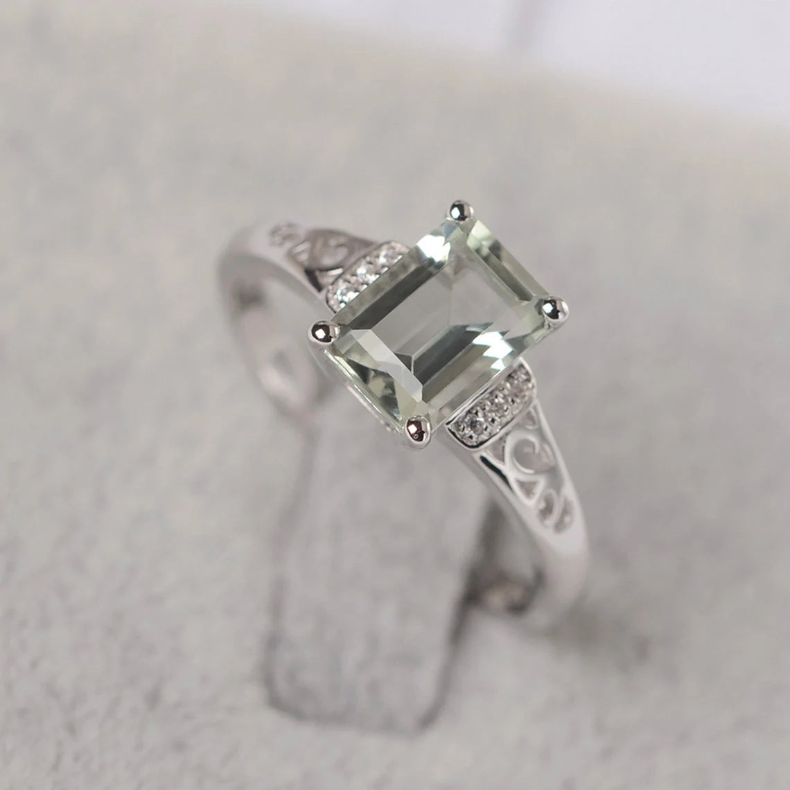 Natural Emerald Cut Green Amethyst Wedding Ring - 925 Sterling Silver Ring