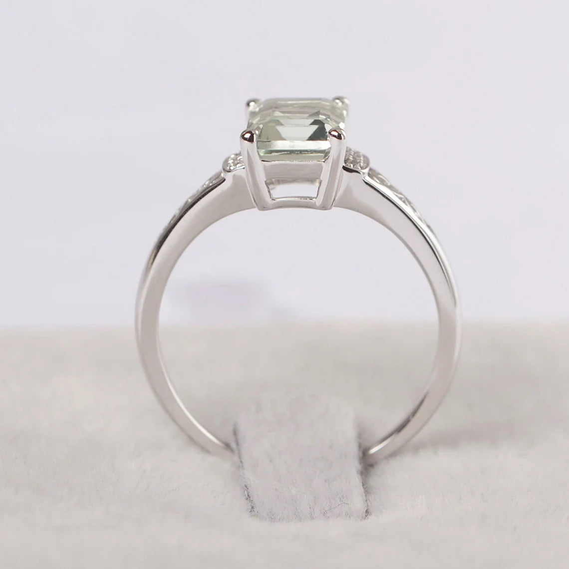 Natural Emerald Cut Green Amethyst Wedding Ring - 925 Sterling Silver Ring