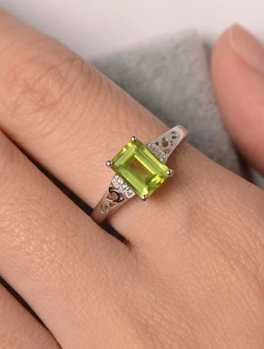 Natural Emerald Cut Peridot Solitaire Ring - 925 Sterling Silver Ring