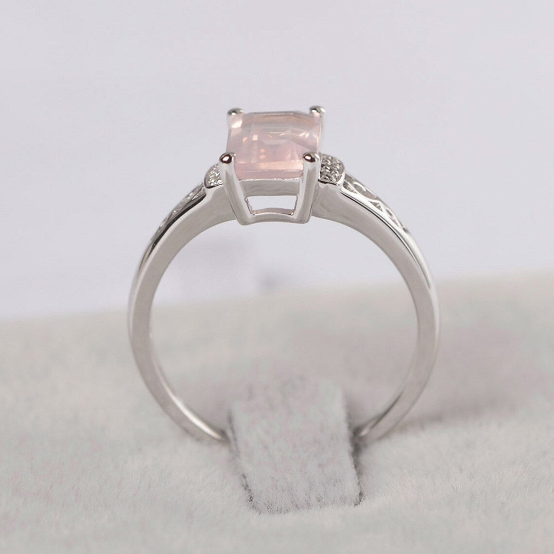 Natural Emerald Cut Rose Quartz Promise Ring - 925 Sterling Silver Ring