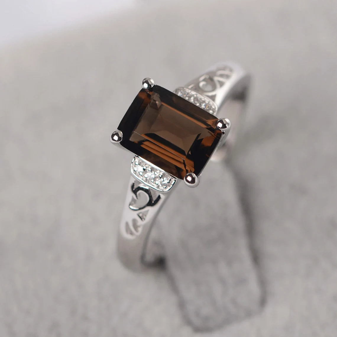 Natural Emerald Cut Smoky Quartz Promise Ring - 925 Sterling Silver RIng