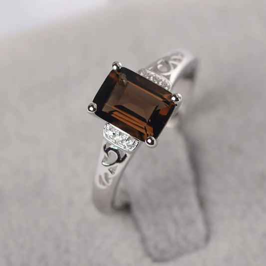 Natural Emerald Cut Smoky Quartz Promise Ring - 925 Sterling Silver RIng