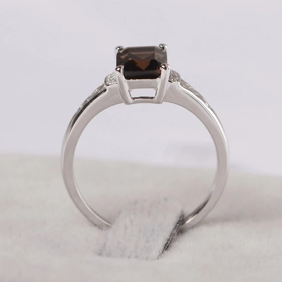 Natural Emerald Cut Smoky Quartz Promise Ring - 925 Sterling Silver RIng