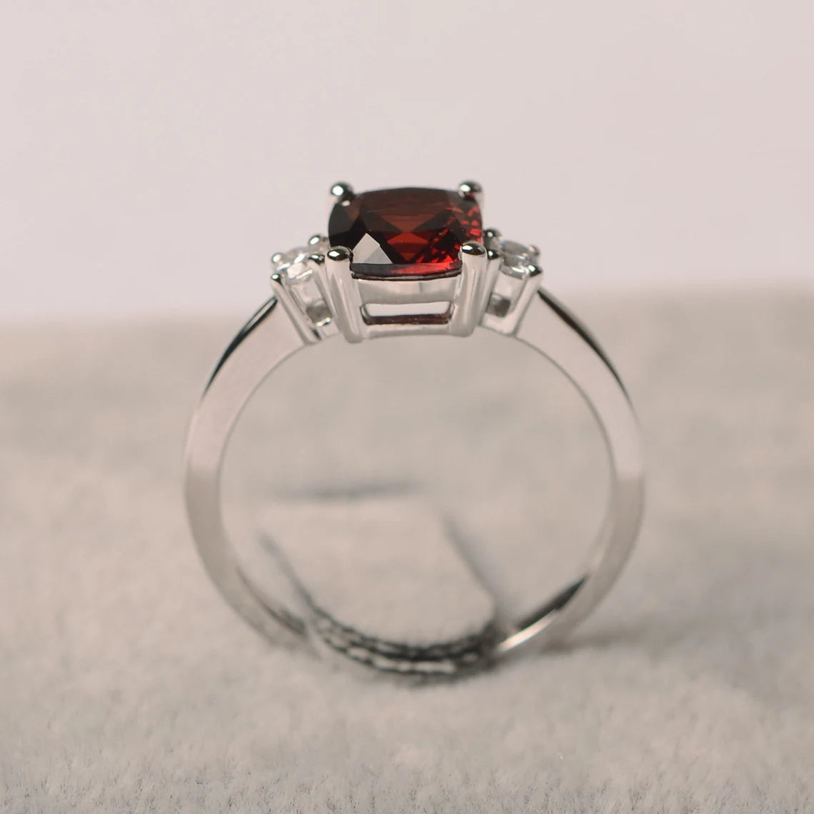 Natural Cushion Cut Garnet Solitaire Ring - 925 Sterling Silver Ring