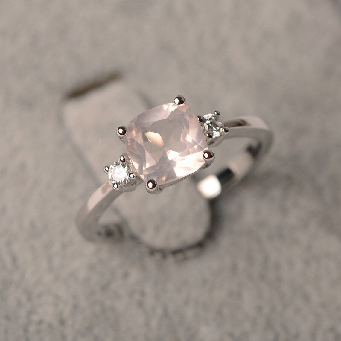 Natural Cushion Cut Rose Quartz Promise Ring - 925 Sterling Silver Ring