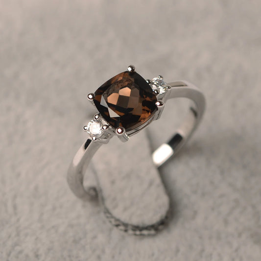 Natural Cushion Cut Smoky Quartz Rings - 925 Sterling Silver Ring