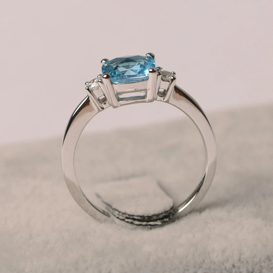 Natural Cushion Cut Swiss Blue Topaz Ring - 925 Sterling Silver Ring