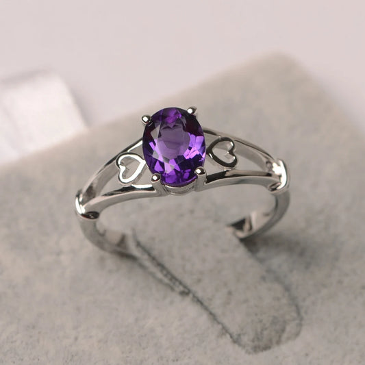 Natural Oval Cut Amethyst Solitaire Ring - 925 Sterling Silver Ring