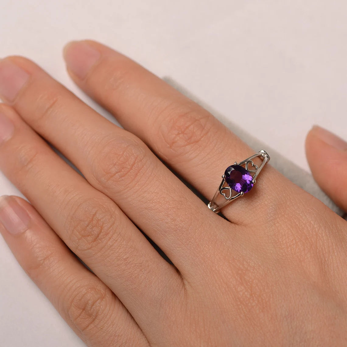 Natural Oval Cut Amethyst Solitaire Ring - 925 Sterling Silver Ring