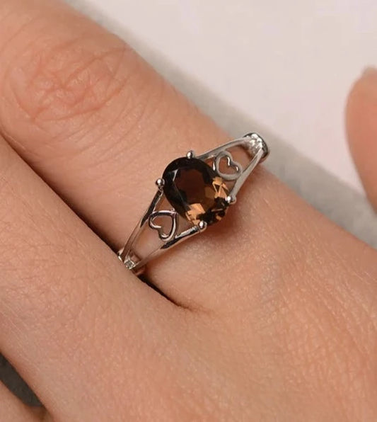 Natural Oval Cut Smoky Quartz Promise Ring - 925 Sterling SIlver RIng