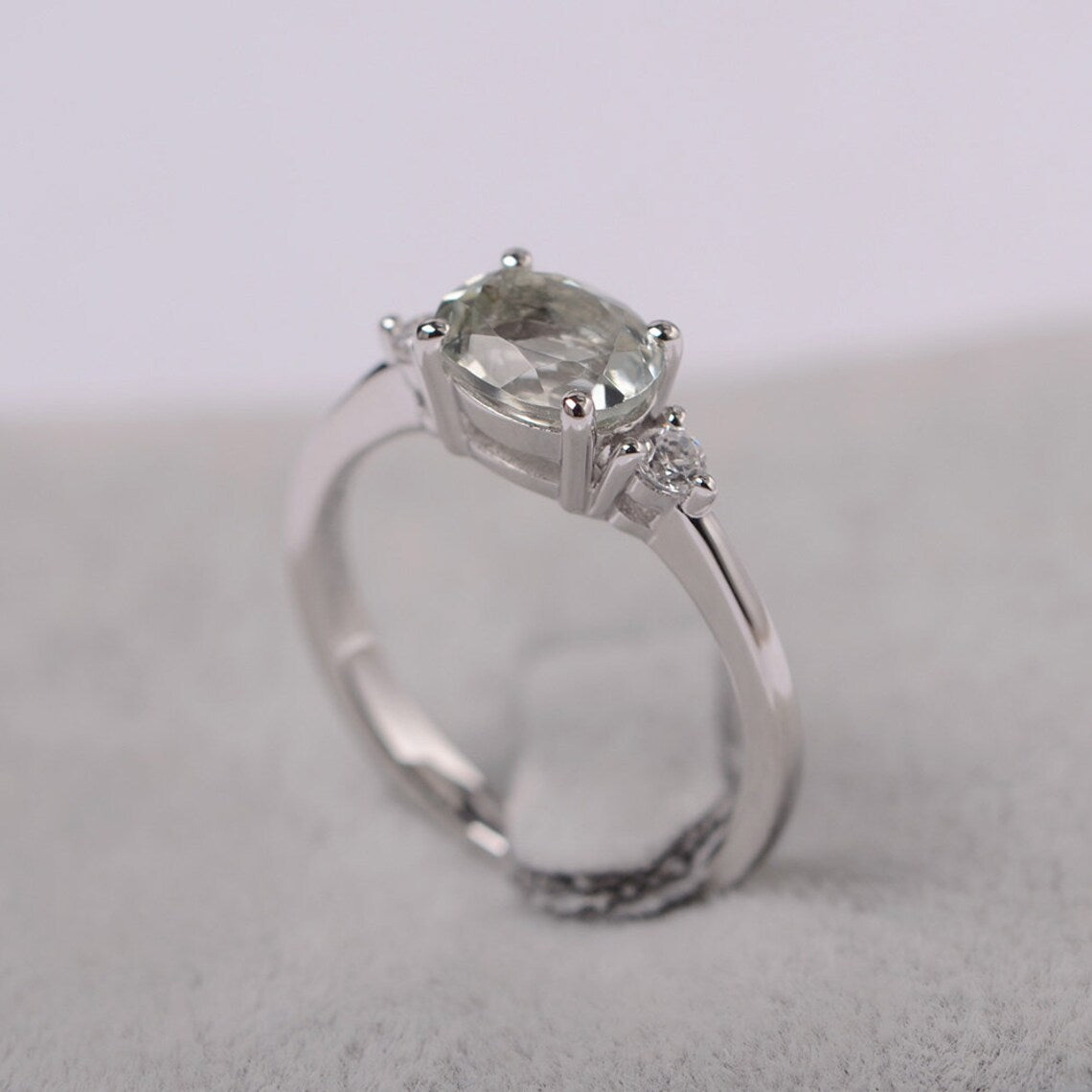 Natural Oval Cut Green Amethyst Three Stone Ring - 925 Sterling Silver Ring