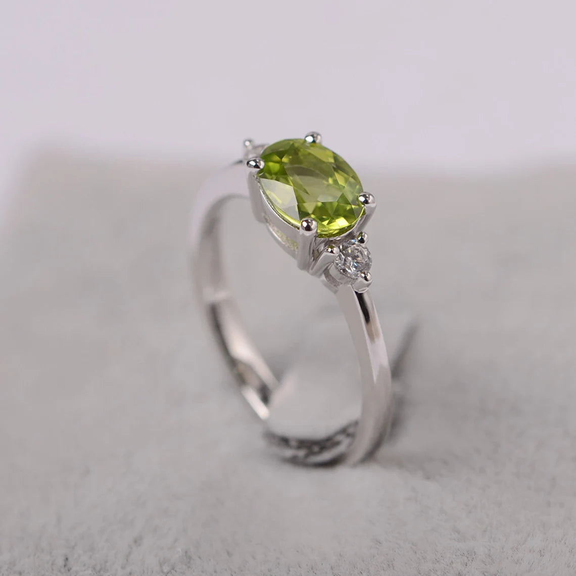 Natural Oval Cut Peridot Engagement Ring - 925 Sterling Silver Ring