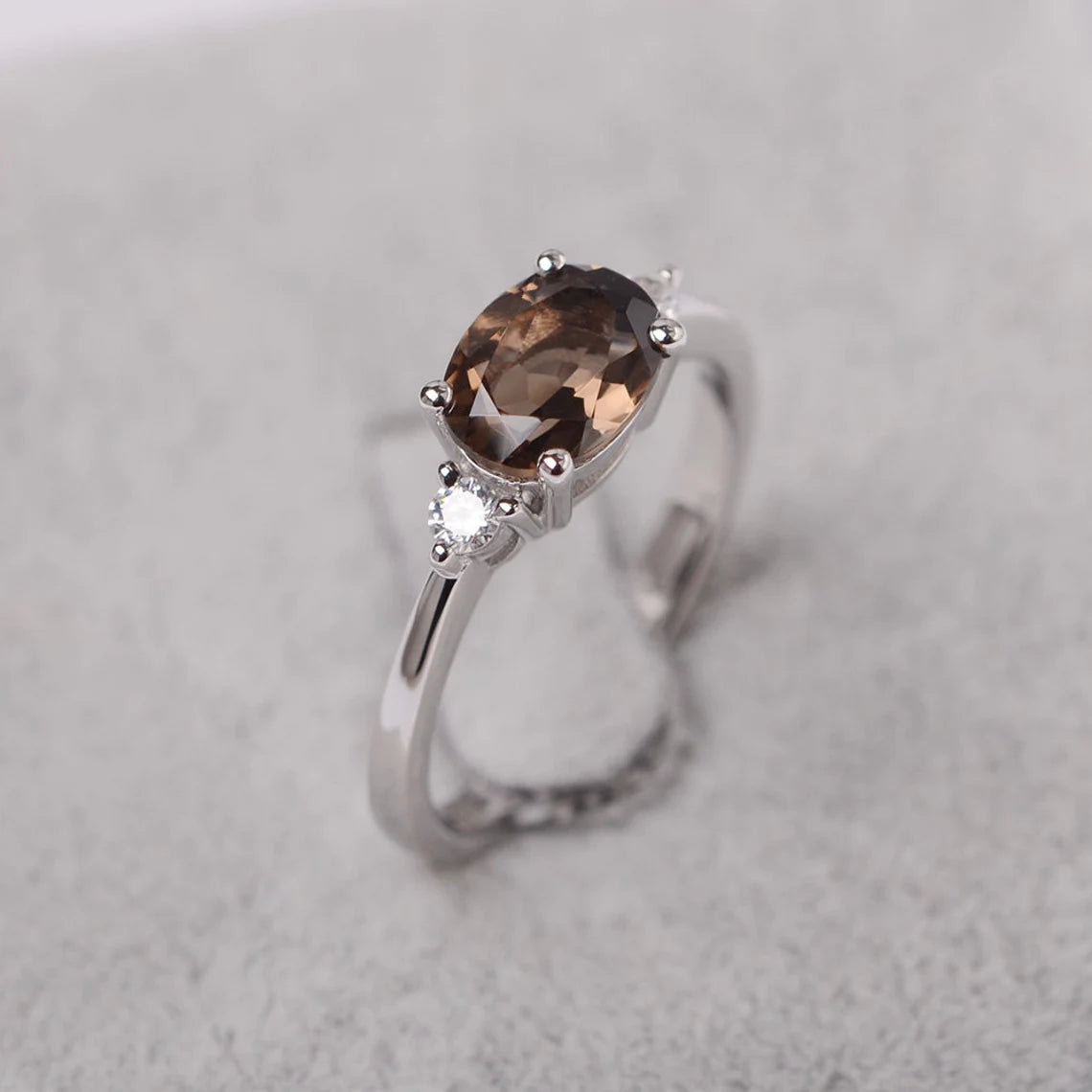 Natural Oval Cut Smoky Quartz Solitaire  Rings - 925 Sterling Silver Ring