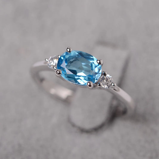 Natural Oval Cut Swiss Blue Topaz Promise Ring - 925 sterling Silver Ring