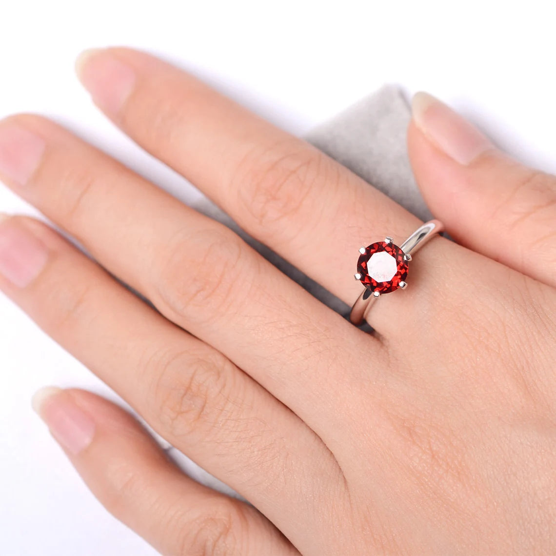 Natural Round Cut Garnet Solitaire Ring - 925 Sterling Silver Ring