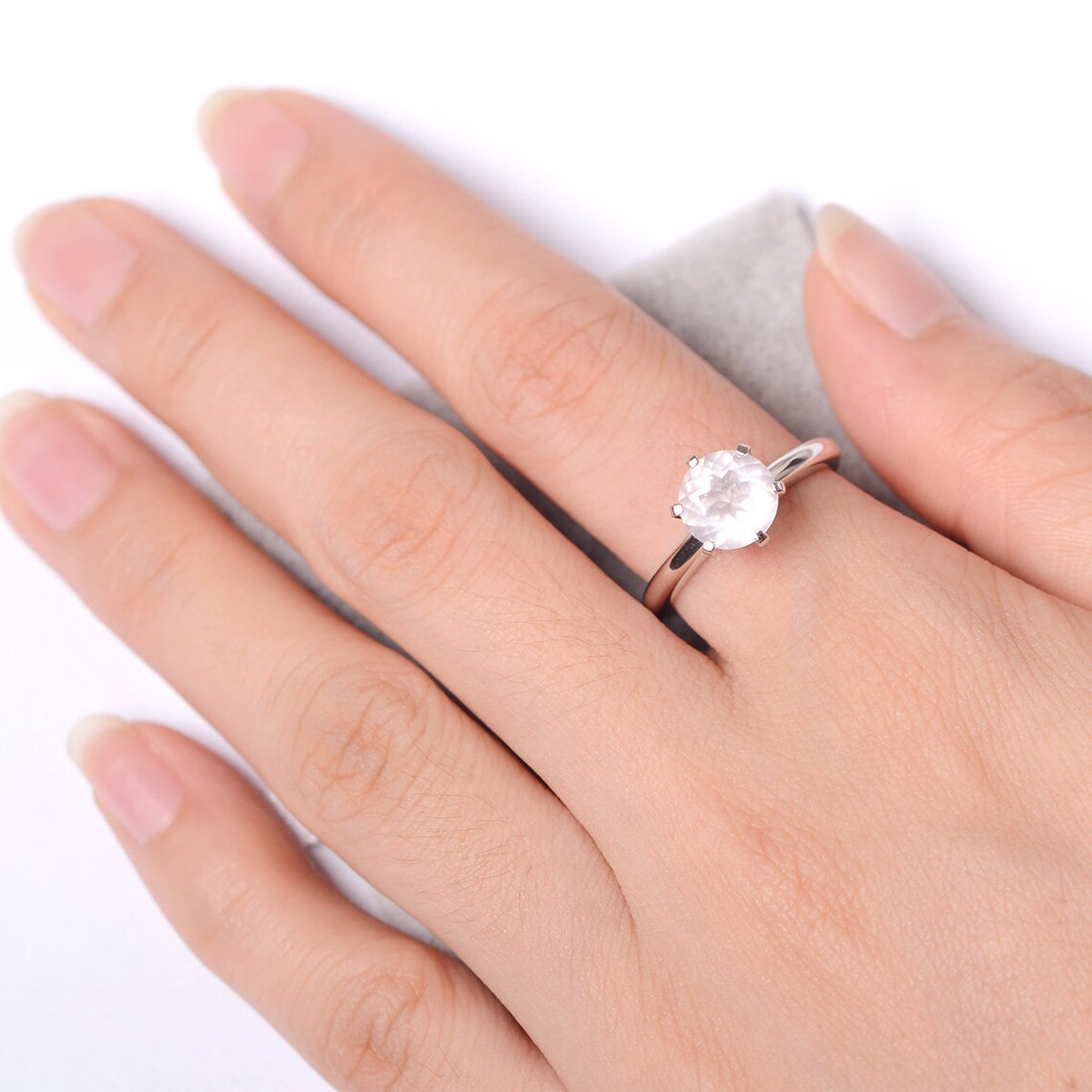 Bague solitaire en quartz rose taille ronde naturelle - Bague en argent sterling 925