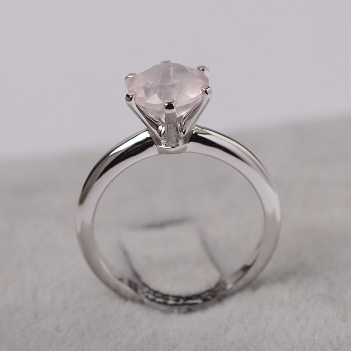 Bague solitaire en quartz rose taille ronde naturelle - Bague en argent sterling 925