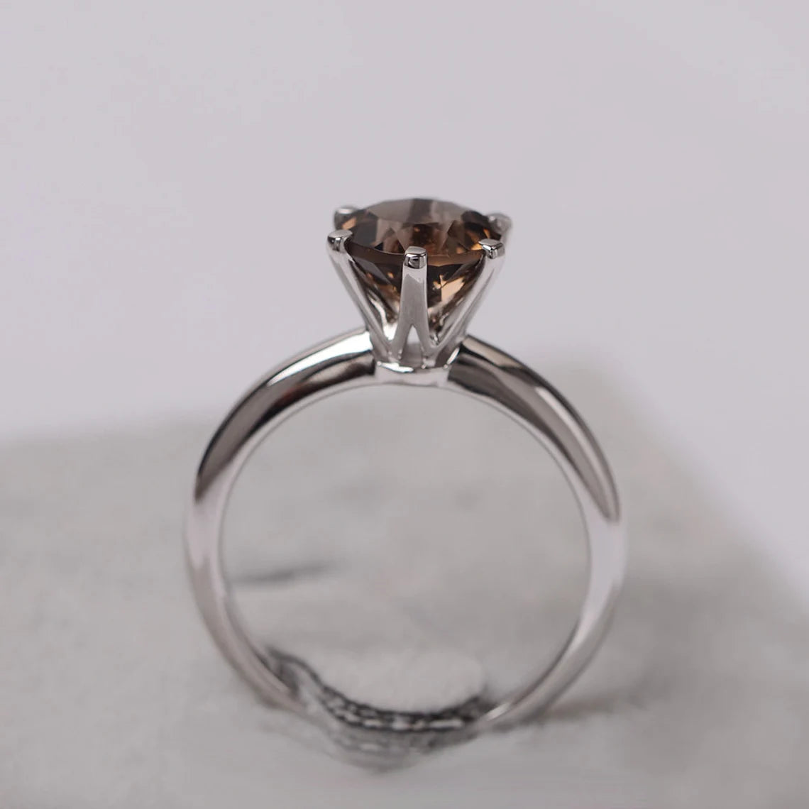 Natural Round Cut Smoky Quartz Solitaire  Rings - 925 Sterling Silver Ring - Six Prong Rings