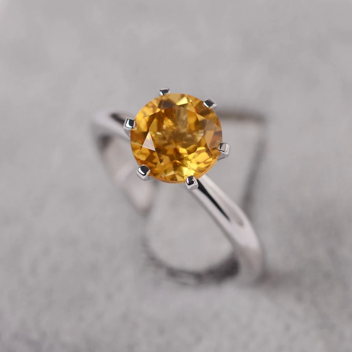 Bague solitaire citrine ronde naturelle - Bague en argent sterling 925