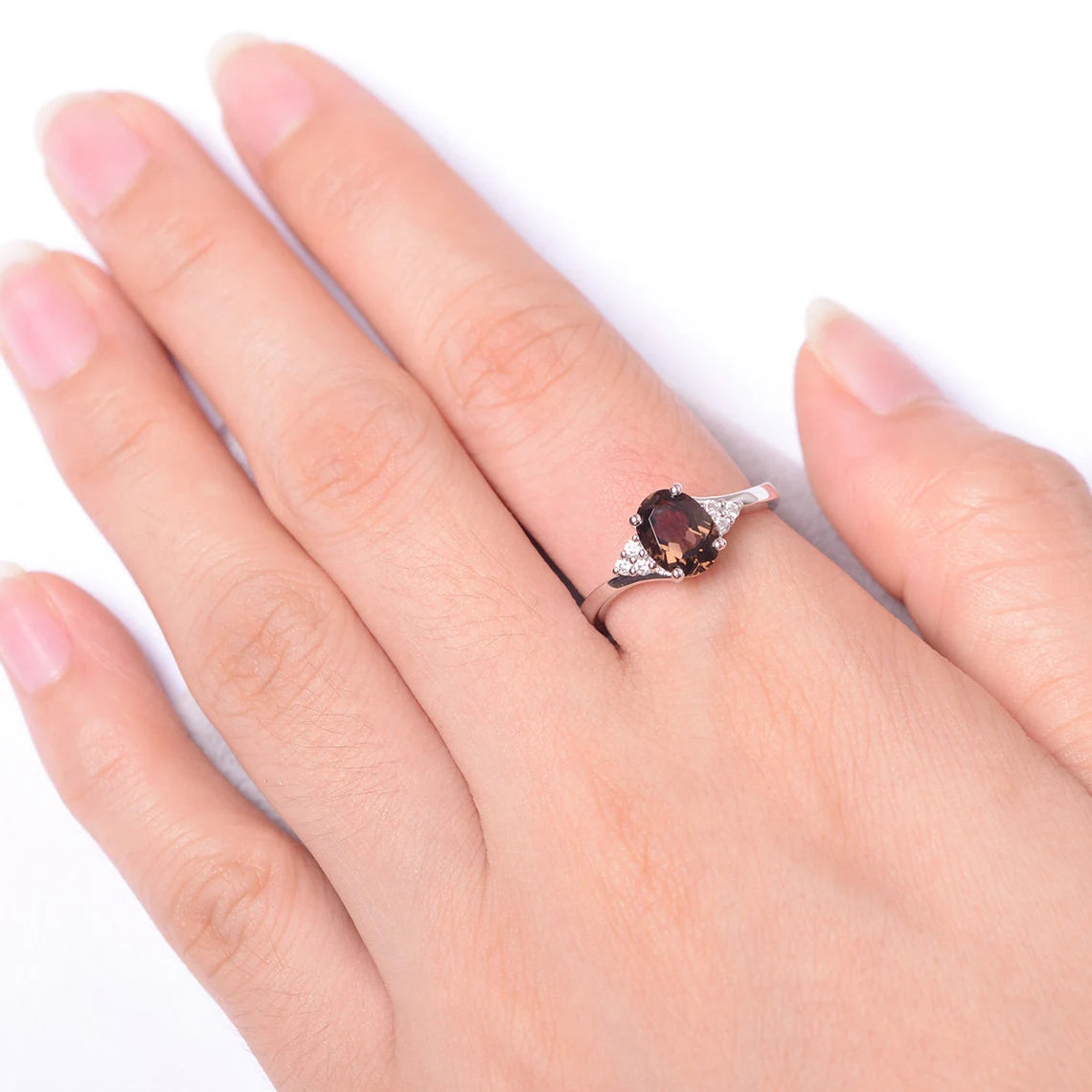 Natural Oval Cut Smoky Quartz Wedding Rings - 925 Sterling Silver Ring