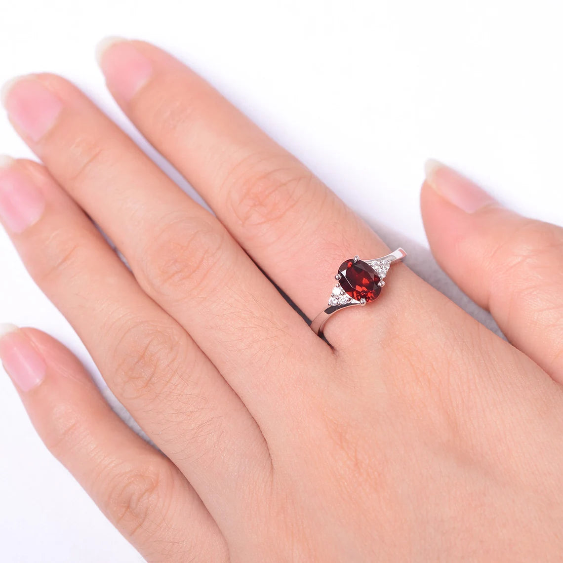 Natural Oval Cut Garnet Solitaire Ring  - 925 Sterling Silver Ring