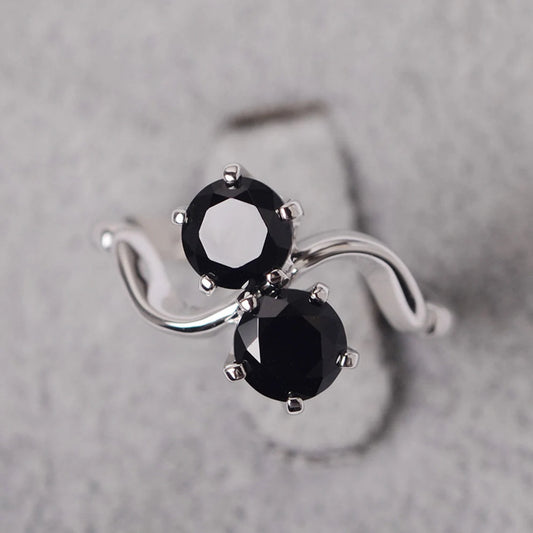 Natural Round Cut Black Onyx Two Stone Engagement Ring - 925 Sterling Silver Ring