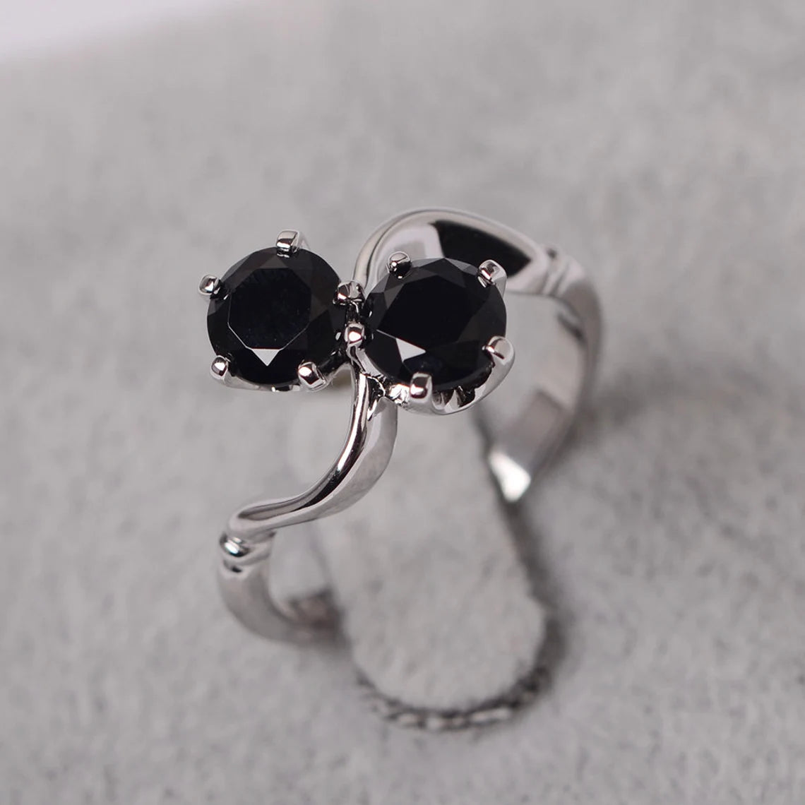 Natural Round Cut Black Onyx Two Stone Engagement Ring - 925 Sterling Silver Ring