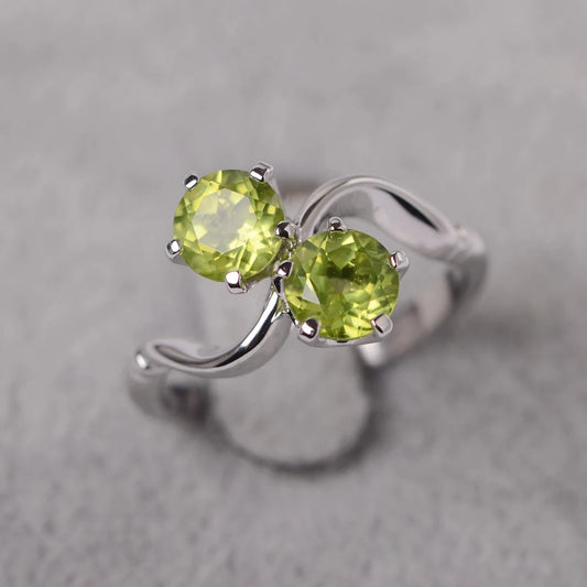 Natural Round Cut Peridot Two Stone Ring - 925 Sterling Silver Ring