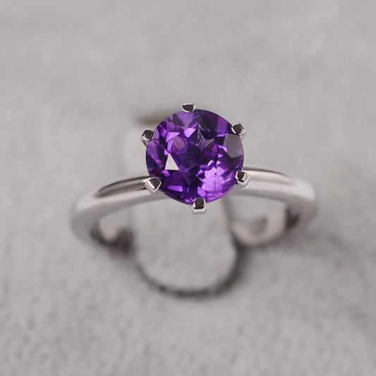 Natural Round Cut Amethyst Six Prong Solitaire Ring - 925 Sterling Silver Ring