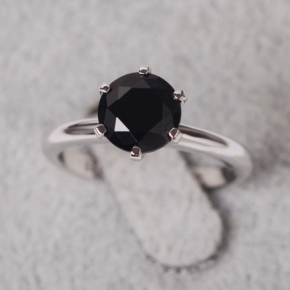 Natural Round Cut Black Onyx Solitaire Ring - 925 Sterling Silver Ring