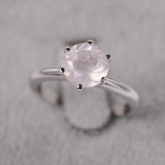 Natural Round Cut Rose Quartz Solitaire  Ring - 925 Sterling Silver Ring