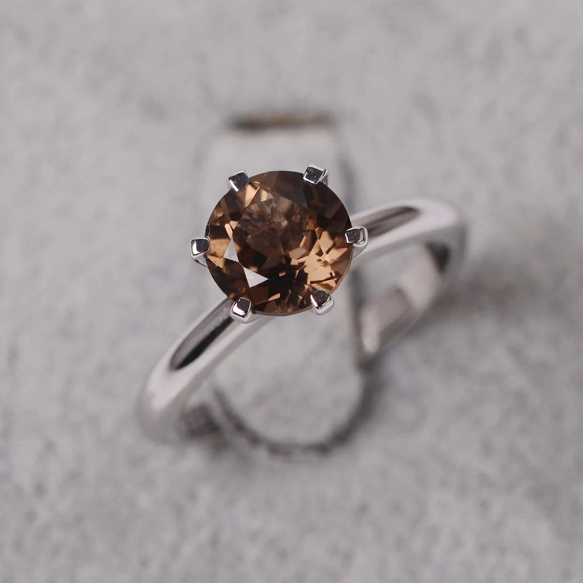 Natural Round Cut Smoky Quartz Solitaire  Rings - 925 Sterling Silver Ring - Six Prong Rings