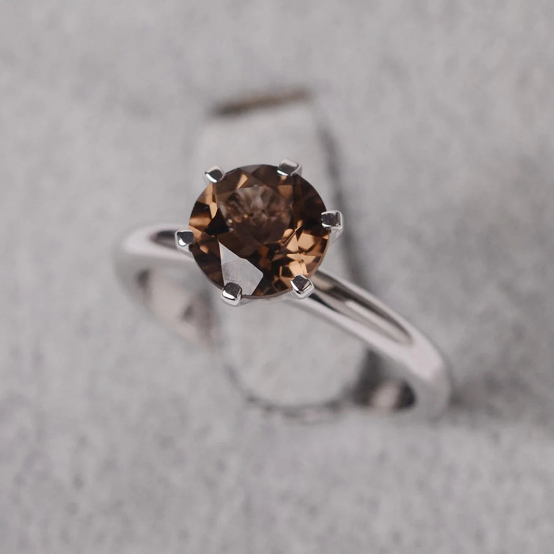 Natural Round Cut Smoky Quartz Solitaire  Rings - 925 Sterling Silver Ring - Six Prong Rings